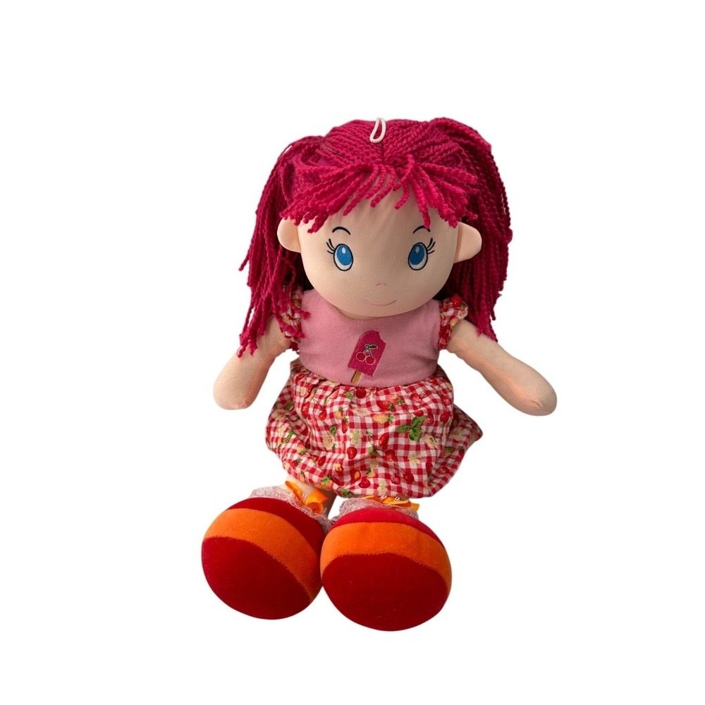 PMT Holdings Handmade Rag Doll 18" Plush Toy Pink Hair Gingham‎ Dress Cloth